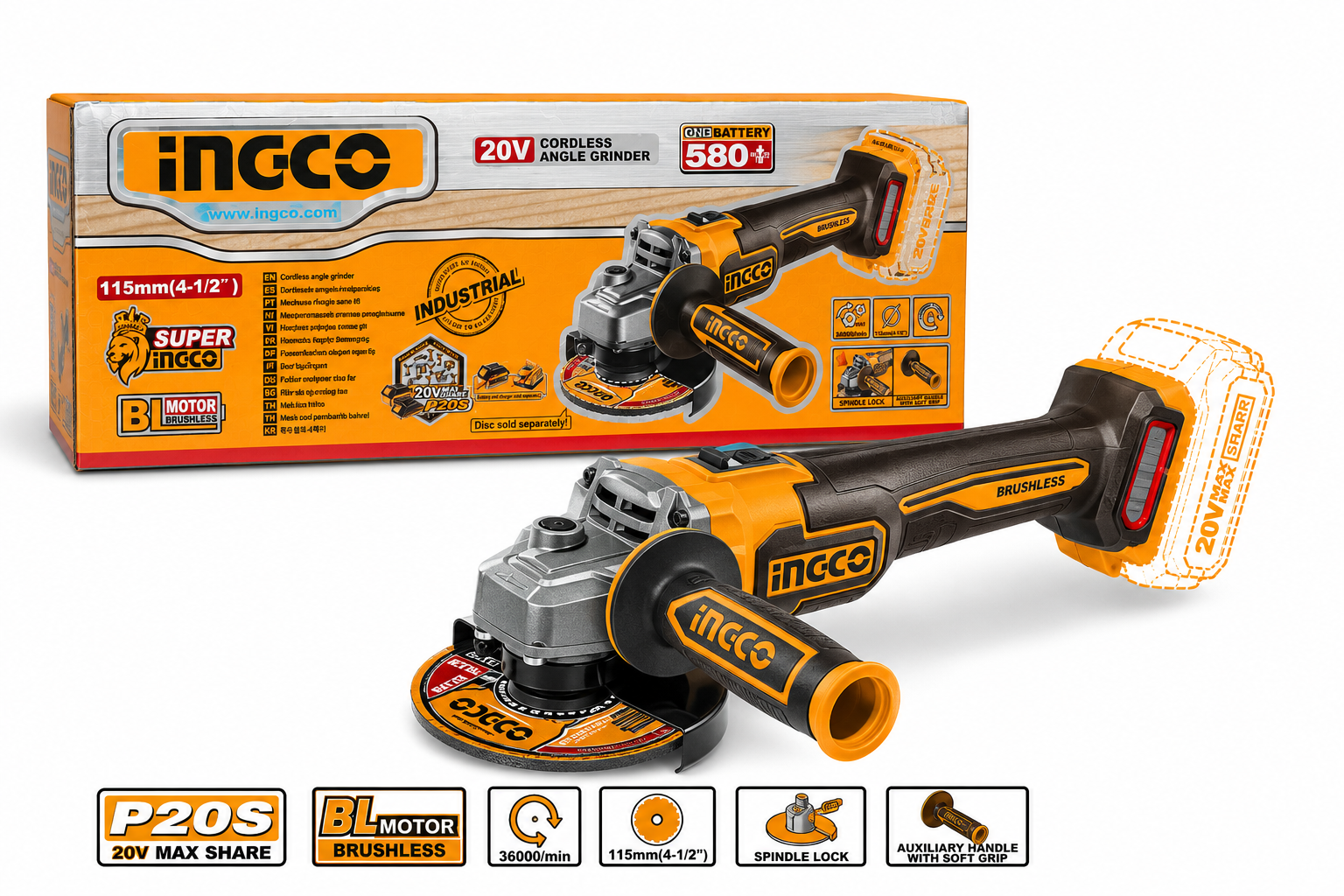 INGCO 20V Cordless Angle Grinder (115mm / 4½”) – Brushless Motor